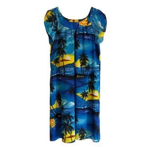 Vintage Royal Hawaiian Women’s Dress Large Blue Yellow Sunset Trees Tiki Cruise
